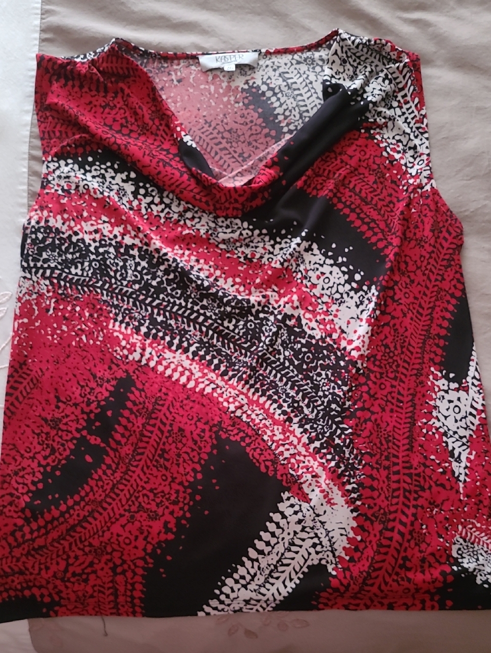 Kasper Red, Black & White Cowl-Neck Sleeveless Top